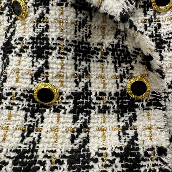 House of Harlow Blazer Womens Medium White Black Gold Fringe Crop Jacket - Picture 3 of 7